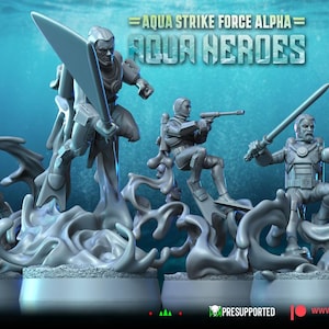 May include: A collection of grey miniature figurines of aquatic heroes in action poses. The figures are mounted on bases with water effects, some holding weapons. The text "AQUA STRIKE FORCE ALPHA - AQUA HEROES" is displayed above the figures.