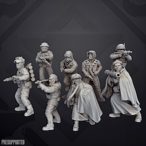 Könnte beinhalten: Ein Set aus sieben grauen Miniatur-Soldatenfiguren in verschiedenen Kampfposen. Jede Figur trägt taktische Ausrüstung, darunter Helme, Schutzbrillen, Gasmasken und Umhänge, und hält Gewehre oder schwere Waffen. Der Text "PRESUPPORTED" ist unten sichtbar.