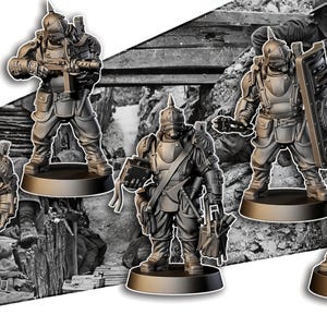 Pode incluir: Um conjunto de cinco miniaturas de soldados cinzentas, cada uma usando um capacete com ponta e armadura tática. As figuras são representadas em várias poses de combate, algumas segurando espingardas, um escudo ou equipamento em bases.