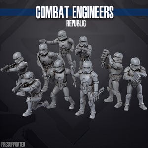 Può includere: Un gruppo di figure grigie di Combat Engineers Republic in varie pose dinamiche. Ogni figura indossa un elmetto e un'armatura, alcune impugnano armi. Il testo "COMBAT ENGINEERS" e "REPUBLIC" è visibile in alto.