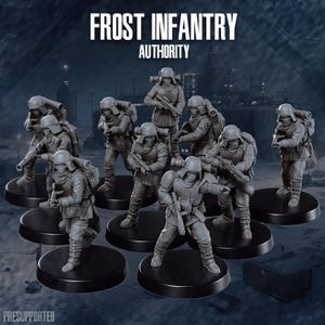 May include: A set of ten grey miniature soldier figurines titled FROST INFANTRY AUTHORITY. Each figure wears a helmet, face mask, and tactical gear, carrying rifles and backpacks. The figures are mounted on individual black circular bases.