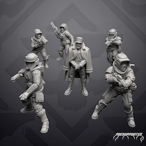 Può includere: Un set di cinque miniature grigie composto da quattro soldati in equipaggiamento tattico con elmetti e blaster, e una figura centrale che indossa un lungo cappotto e un berretto. Il testo "PRESUPPORTED" è visibile nell'angolo in basso a destra.
