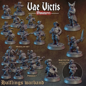 Puede incluir: Una colección de figuras en miniatura grises titulada Vae Victis Miniatures Halflings warband. El conjunto incluye varios personajes con armas, escudos y herramientas, sobre bases circulares. Las etiquetas de texto incluyen Modular Set, Prebuilt y Bae Victis.