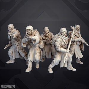 May include: A set of five beige miniature figures in tactical gear, each wearing a hooded cloak, goggles, and a mask. The figures are equipped with various rifles, backpacks, and a staff-like weapon. The text "PRESUPPORTED" is visible at the bottom.