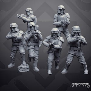 Può includere: Un set di sei miniature di soldati grigi in equipaggiamento tattico, inclusi elmetti con occhiali protettivi, pettorali e blaster. Ogni figura è in una diversa posizione di combattimento. Il testo "PRESUPPORTED" è visibile nell'angolo in basso a destra.