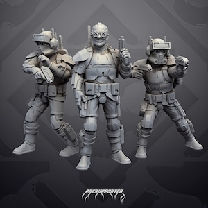 May include: Three gray miniature figures in tactical gear. The central figure wears goggles and holds a pistol. The two flanking figures wear helmets with visors and hold pistols in both hands. The text "PRESUPPORTED" is printed at the bottom.