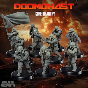 May include: A set of grey miniature soldier figures in tactical gear, including helmets and gas masks. One figure holds a flag. The text "DOOMGHAST CORE INFANTRY" is at the top. The figures are on black bases. The words "MODULAR KIT PRESUPPORTED" are at the bottom.