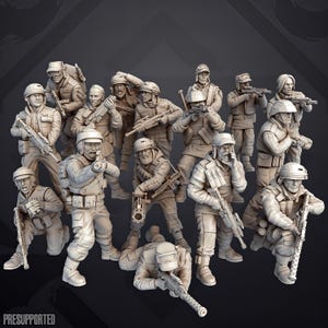 Pode incluir: Uma coleção de catorze figuras de soldados em miniatura sem pintura em várias poses de combate. Cada figura usa equipamento tático, capacetes e carrega rifles ou armas pesadas. O texto "PRESUPPORTED" é visível no canto inferior esquerdo.
