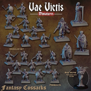 Pode incluir: Uma coleção de miniaturas de fantasia em resina cinza intitulada Vae Victis Miniatures Fantasy Cossacks. O conjunto inclui várias figuras com trajes tradicionais, algumas segurando espadas, escudos ou mosquetes, além de uma figura de demônio alado.