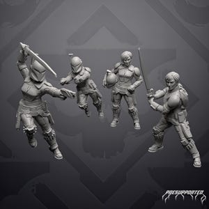 May include: Four grey miniature figures in tactical armour. One figure holds a sword and blaster, another aims a blaster, one holds a helmet, and the fourth holds a sword. The figures feature detailed armour plating and gear. Text reads PRESUPPORTED.