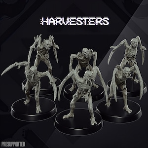 May include: A set of five grey miniature figures titled HARVESTERS, each featuring a hunched, skeletal creature with elongated, blade-like arms and sharp facial features, mounted on individual circular black bases. The text PRESUPPORTED is visible.