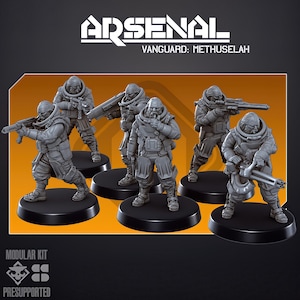 May include: Six grey miniature figures of soldiers in futuristic armour, each on a black circular base. The figures are holding weapons and wearing helmets with breathing apparatuses. The text "ARSENAL" and "VANGUARD: METHUSELAH" are at the top. The words "MODULAR KIT" and "PRESUPPORTED" are at the bottom.