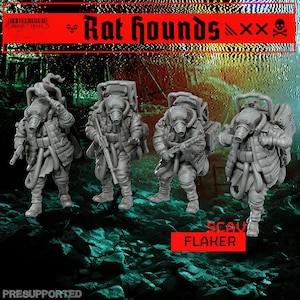 Könnte beinhalten: Vier graue Miniaturfiguren mit der Aufschrift Rat hounds und Scav Flaker. Jede Figur trägt eine Gasmaske, eine dicke Steppjacke und einen großen Rucksack mit Schläuchen. Sie sind mit verschiedenen Handwaffen ausgestattet, darunter eine Fackel und Gewehre.