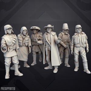 Könnte beinhalten: Ein Set aus sechs unbemalten Miniaturfiguren, die verschiedene Charaktere in Science-Fiction-Kleidung darstellen, darunter lange Mäntel, Westen, Hüte und Ausrüstung. Die Figuren sind in einem hellen Beigeton gehalten, mit dem Text PRESUPPORTED unten.