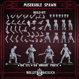 Puede incluir: Un kit de construcción de plástico gris titulado MISERABLE SPAWN de BULLET BASILICA, con 84 archivos STL y 54 piezas únicas. El set incluye varios brazos, torsos, cabezas y armas en miniatura, junto a cuatro figuras de guerreros ensambladas.