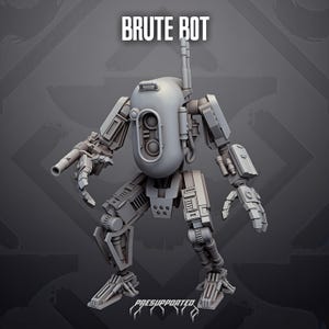 May include: A grey, unpainted miniature robot figure titled BRUTE BOT, featuring a rounded torso with two circular eye-like sensors, articulated mechanical limbs, a weapon attachment on the right arm, and an antenna on the top of the head.