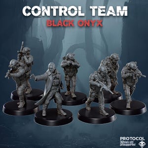 May include: A group of gray miniature figures, likely for tabletop gaming, on black bases. The figures are dressed in tactical gear and holding weapons. The text "CONTROL TEAM" and "BLACK ONYX" are displayed at the top of the image.