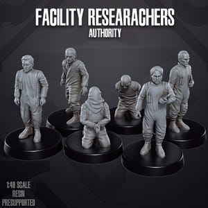 Pode incluir: Um conjunto de seis figuras em miniatura de resina cinzenta rotuladas como FACILITY RESEARCHERS AUTHORITY, incluindo personagens em pé e ajoelhados com macacões. As figuras em escala 1:48 estão em bases circulares pretas individuais.