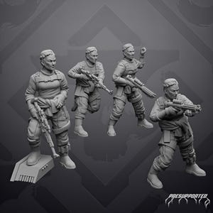 Peut inclure: Un ensemble de quatre figurines miniatures de soldats gris en équipement tactique, tenant chacune un fusil. Les personnages sont représentés dans diverses poses de combat, l'un debout sur une base rectangulaire. Le texte "PRESUPPORTED" est visible.