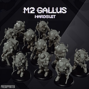 May include: A collection of gray, futuristic hardsuit miniatures, each standing on a black base. The text "M2 GALLUS HARDSUIT" is displayed above the figures. The miniatures are detailed with various mechanical components and weapons. The word "PRESUPPORTED" is at the bottom.
