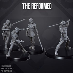 May include: Four grey miniature figures titled THE REFORMED, each featuring a character with a short haircut, wearing a tunic, trousers, and a backpack. The figures are posed in various combat stances, some holding long staff weapons, on round black bases.