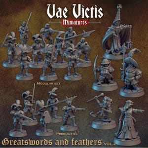 May include: A collection of grey miniature figures titled Vae Victis Miniatures Greatswords and feathers vol.2. The set includes various soldiers in armor with feathered hats, holding swords, halberds, and rifles, alongside unique character figures.