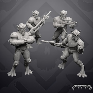 May include: Four grey miniature figures of humanoid alien warriors with pointed ears and goatees, wearing armoured suits. Two figures hold long rifles, one holds a crossbow-style weapon, and one stands with hands clasped. Text reads PRESUPPORTED.