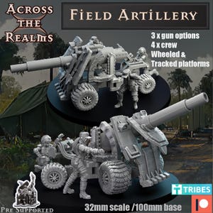 Könnte beinhalten: Ein graues Miniatur-Feldartillerie-Set mit 3 Geschützoptionen, 4 Besatzungsfiguren sowie Rad- und Kettenplattformen. Der Text lautet Across the Realms, Field Artillery, 3 x gun options, 4 x crew, Wheeled & Tracked platforms, 32mm scale /100mm base.