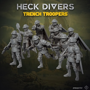 Könnte beinhalten: Ein Set aus acht grauen Miniatur-Soldatenfiguren mit der Aufschrift HECK DIVERS TRENCH TROOPERS. Jede Figur trägt einen Helm, eine Gesichtsmaske, eine Brustpanzerung und einen Umhang und hält Gewehre, eine Schaufel oder steht in taktischen Posen.