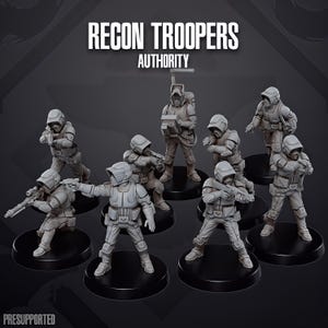 Peut inclure: Un ensemble de huit figurines de soldats miniatures grises intitulées RECON TROOPERS AUTHORITY. Chaque personnage porte un casque avec visière, un équipement tactique et tient une arme ou un accessoire. Ils sont fixés sur des socles noirs.