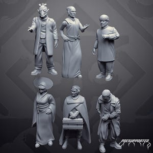 May include: A set of six grey resin miniature figures depicting various characters in sci-fi attire, including one with an alien head, one wearing a wide-brimmed hat and visor, and one holding a briefcase. The text "PRESUPPORTED" is visible at the bottom.