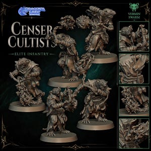 Könnte beinhalten: Ein Set aus grauen Harz-Miniaturfiguren, die rattenartige Kreaturen namens Censer Cultists darstellen. Jede Figur trägt zerlumpte Gewänder und eine stachelige Weihrauchfass-Waffe an einer Kette. Das Bild enthält die Texte Dragon's Lake Miniaturas, Censer Cultists, Elite Infantry und Vermin Swarm.