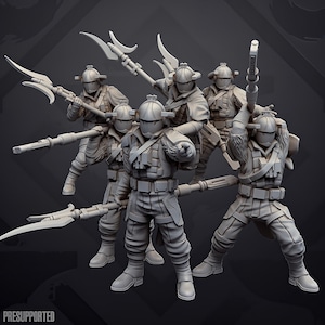 May include: A group of five grey miniature soldier figurines in uniform, each wearing a helmet with side protrusions. The figures are equipped with long polearm weapons, utility belts, and textured vests. The text PRESUPPORTED is visible.