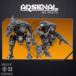 Może przedstawiać: Szary modułowy zestaw robota mech, oznaczony jako "Arsenal MCV: Stiletto". Obraz przedstawia dwa duże roboty i mniejszą figurkę pilota. Obecny jest również tekst "Pilot not included". Zestaw jest wstępnie wspierany.
