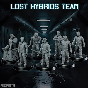 May include: A collection of grey miniature figures on black bases, representing characters from a science fiction theme. The text "LOST HYBRIDS TEAM" is above the figures. The word "PRESUPPORTED" is at the bottom.