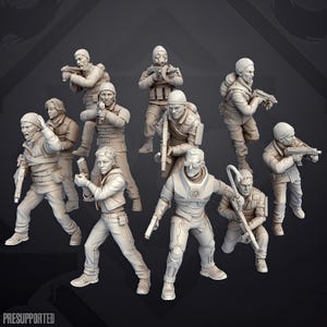May include: A collection of ten unpainted light grey miniature figurines depicting various characters in tactical gear, including figures with beanies, gas masks, and futuristic armour, some holding firearms and one holding a crowbar, with the text PRESUPPORTED.