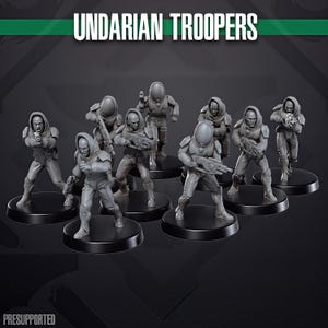 May include: A group of grey Undarian Troopers miniatures, each posed with weapons on black circular bases. The text "UNDARIAN TROOPERS" is at the top, and "PRESUPPORTED" is at the bottom. The figures are wearing futuristic armour.