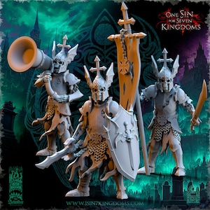 Pode incluir: Três figuras em miniatura de guerreiros esqueleto sem pintura de One Sin for Seven Kingdoms. Um segura um grande chifre, outro carrega um estandarte alto e um escudo, e um empunha uma lâmina curva. Cada armadura tem motivos de cruz e asas.