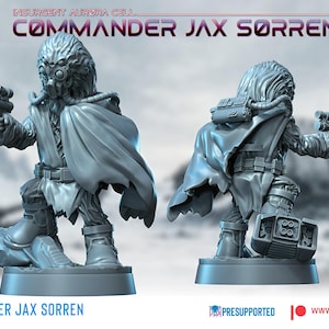 May include: A gray miniature figure of Commander Jax Sørren, holding a weapon, with a cape and detailed armor. The figure is from the "Echoes of Winter" series, with text that reads "Insurgent Aurora Cell". The War Bear Studios logo is visible.