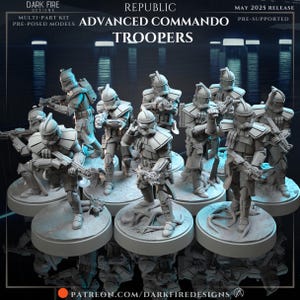 Peut inclure: Plusieurs figurines de soldats Advanced Commando, pré-posées et présentées sur des socles circulaires. Les figurines sont dans diverses poses d'action, tenant des armes. Le texte sur l'image indique "DARK FIRE DESIGNS" et "REPUBLIC ADVANCED COMMANDO TROOPERS MAY 2025 RELEASE".