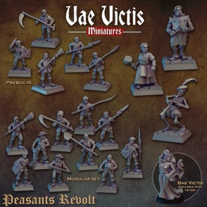 Puede incluir: Una colección de figuras en miniatura grises titulada Vae Victis Miniatures Peasants Revolt, que muestra varios personajes con herramientas como guadañas, escobas y sartenes, además de un esqueleto músico y una figura etiquetada como Bae Victis.