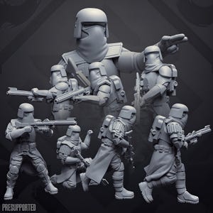 May include: A collection of grey miniature soldier figurines in various combat poses, each wearing a helmet, face covering, and tactical armor with a backpack. Some figures hold rifles, while one is kneeling. The text PRESUPPORTED is visible.