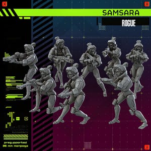 Op de afbeelding: Een verzameling grijze miniatuurfiguren van vrouwelijke personages in futuristische bepantsering, met geweren. De figuren staan in verschillende actieposities. De tekst "SAMSARA ROGUE" wordt bovenaan weergegeven. De figuren zijn voorgeïnstalleerd en 35 mm groot.
