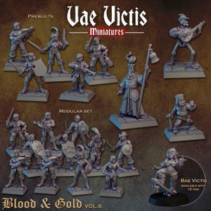 Puede incluir: Una colección de figuras en miniatura grises titulada Vae Victis Miniatures Blood & Gold Vol. 6. El conjunto incluye varios personajes con armas, escudos e instrumentos sobre bases cuadradas, además de una figura sobre un monopatín.