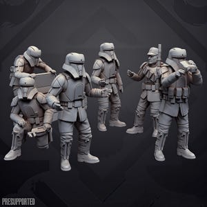 Könnte beinhalten: Ein Set aus sechs unbemalten grauen Harz-Miniaturfiguren, bestehend aus fünf Soldaten in taktischer Rüstung mit Helmen und einem Offizier in Uniform mit Mütze. Die Figuren nehmen verschiedene Posen ein, darunter kniend und stehend, mit dem Text PRESUPPORTED unten links.
