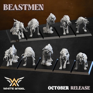 Può includere: Un set di dieci miniature di bestie grigie, ciascuna montata su una base quadrata nera. Le figure raffigurano creature simili a lupi con zanne prominenti e pelliccia. L'immagine include il testo BEASTMEN, WHITE ANGEL e OCTOBER RELEASE.