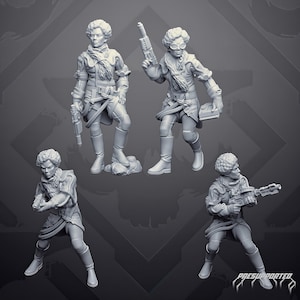 May include: Four grey resin miniature figures in a sci-fi style, each wearing a textured jacket with a scarf, trousers, and tall boots. The figures are depicted in various action poses, holding futuristic blasters or a small box. Text reads PRESUPPORTED.