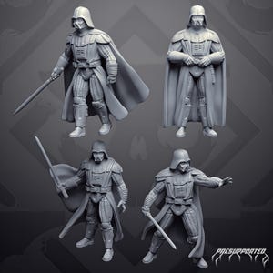 Op de afbeelding: Vier grijze hars miniatuurfiguren van een personage met een helm, cape en borstpantser, elk in een andere pose. Sommige figuren houden een lichtzwaard vast, terwijl andere hun handen uitgestrekt hebben. De tekst "PRESUPPORTED" staat rechtsonder.
