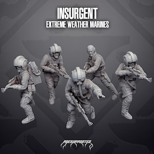 Op de afbeelding: Een set van vijf grijze soldatenminiaturen met het label INSURGENT EXTREME WEATHER MARINES. Elke figuur draagt een helm, tactische uitrusting en een geweer. Eén figuur heeft een zuurstofmasker en wijst naar voren. De tekst PRESUPPORTED staat onderaan.