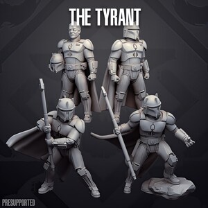 May include: Four grey resin miniature figures titled THE TYRANT, featuring armored characters in various poses. Two figures wear helmets, one holds a helmet, and one is bareheaded. They wear capes and carry long staff weapons, with one standing on a rock base.